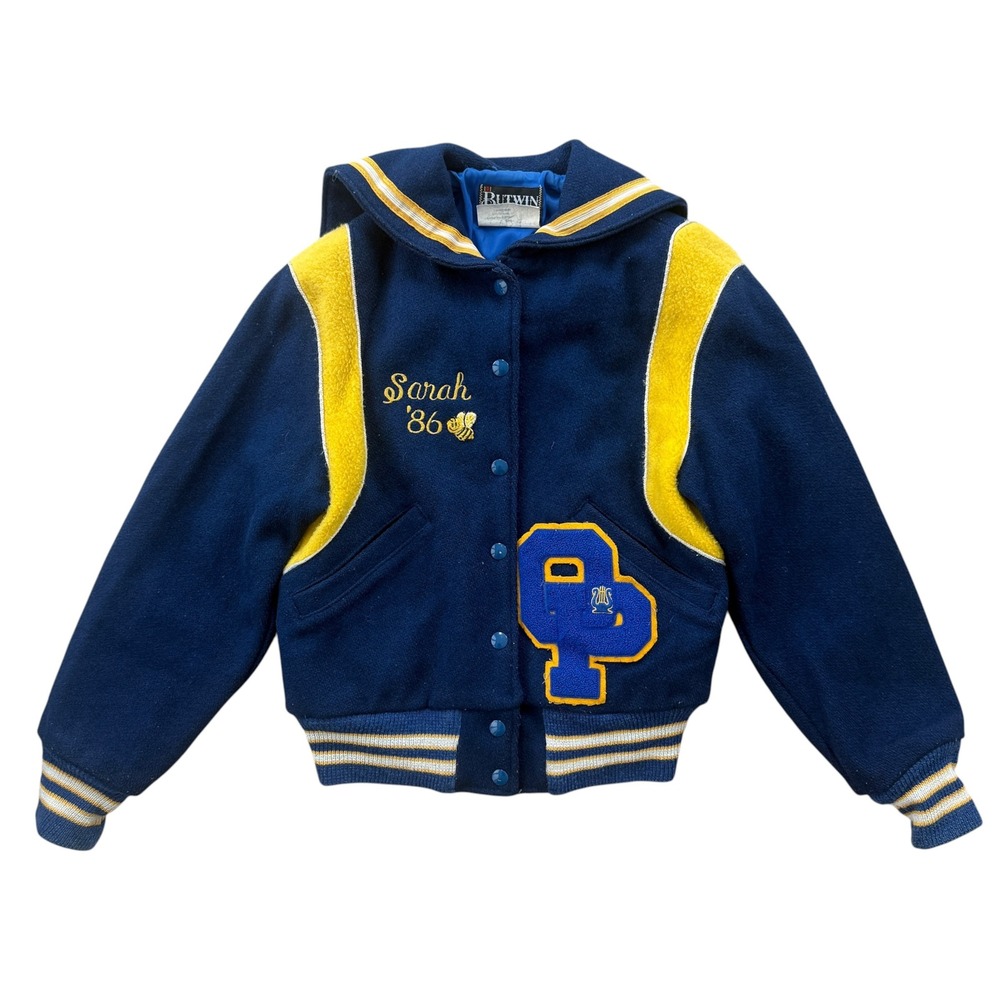 Vintage 80s Butwin Osbourn Varsity Jacket Wool Sailor Collar Small Navy Gold